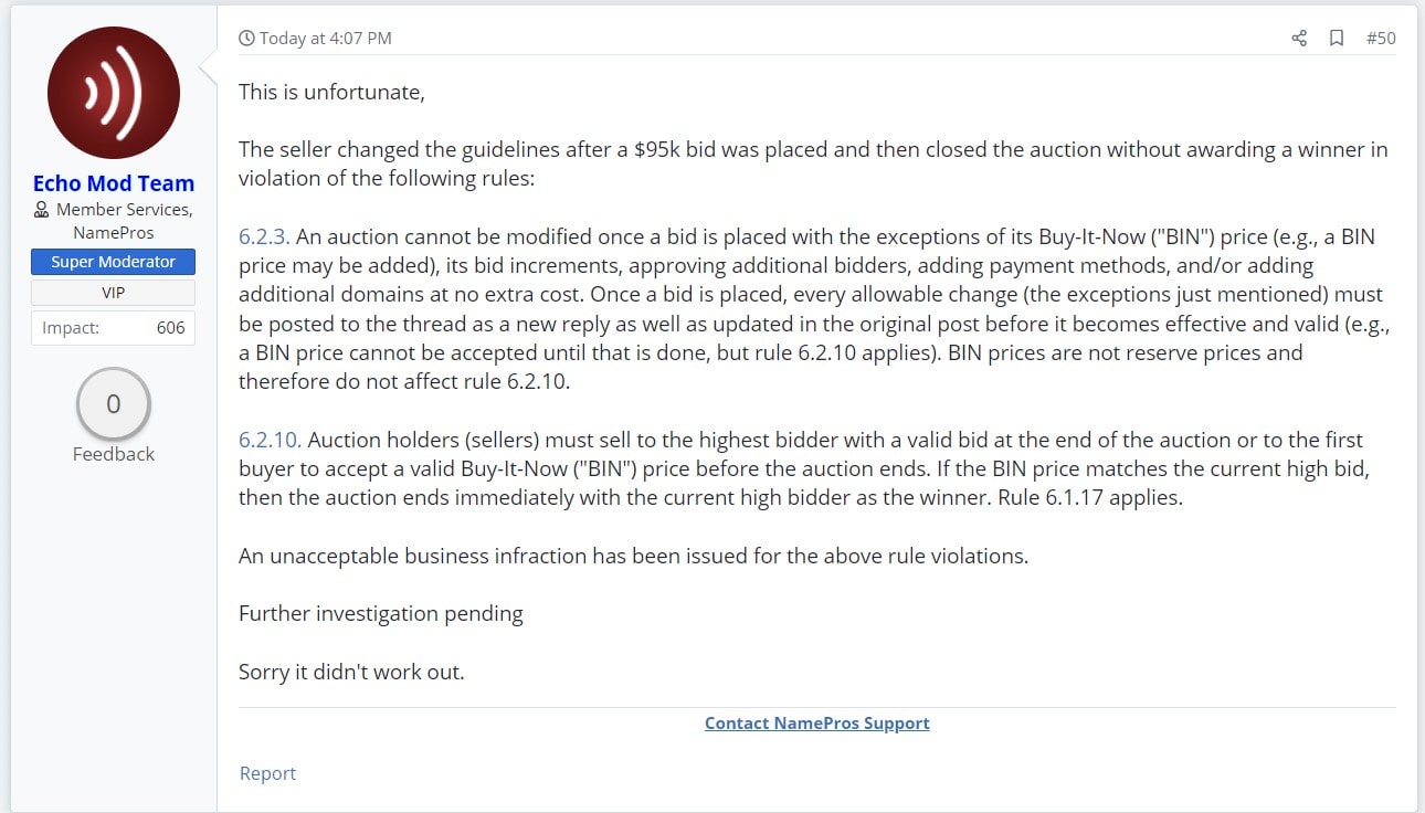 NamePros Moderators Confirm Violation of Auction Rules Regarding The Domain MakeMoney.com by Business Brands NamePros forum user