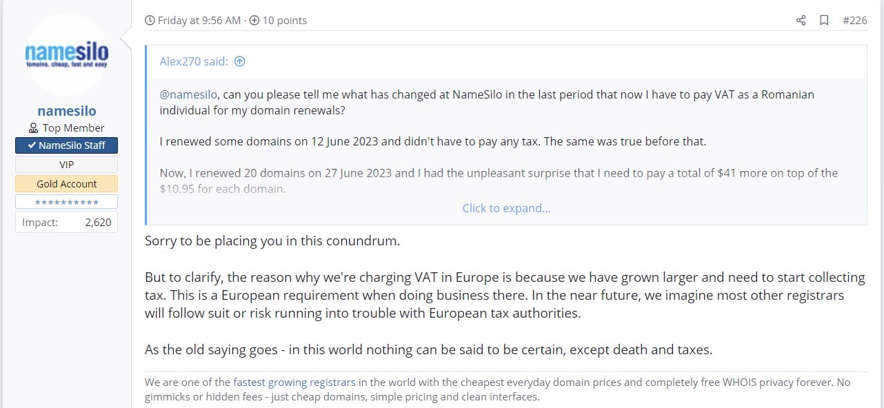 NameSilo domain registrar asking now for VAT for domains registered by EU citizens